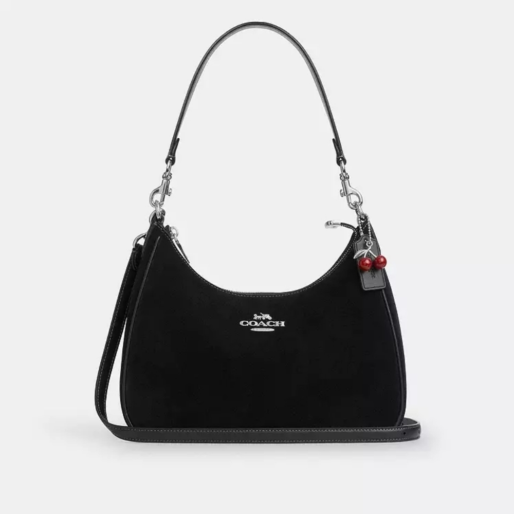 New! ☪️Coach Black Suede Teri Hobo Shoulder Bag With Red Cherry 🍒 Charm - Picture 1 of 12